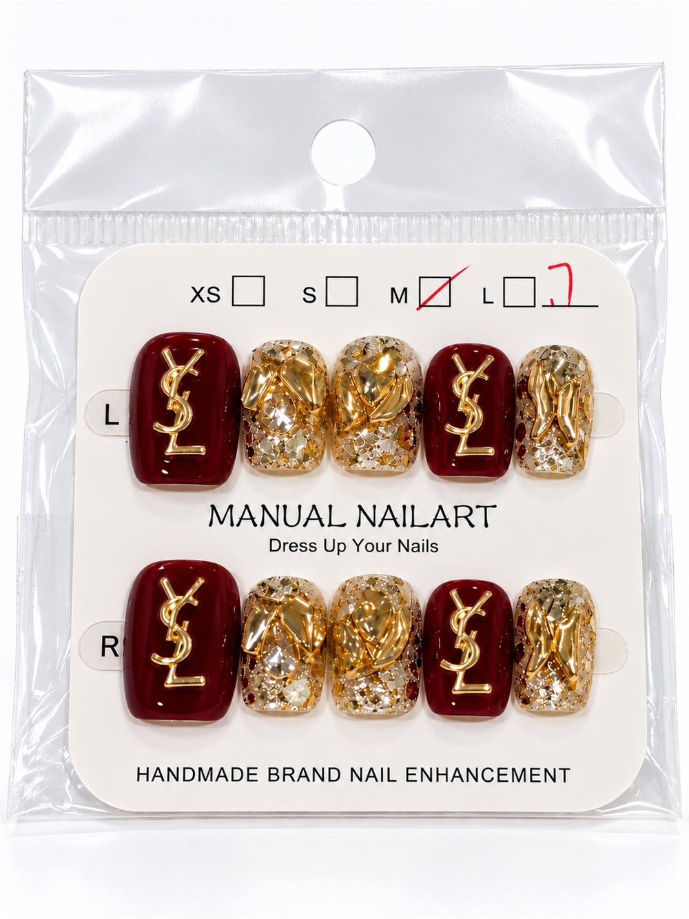 Handmade Burgundy & Gold Press-On Nail Set